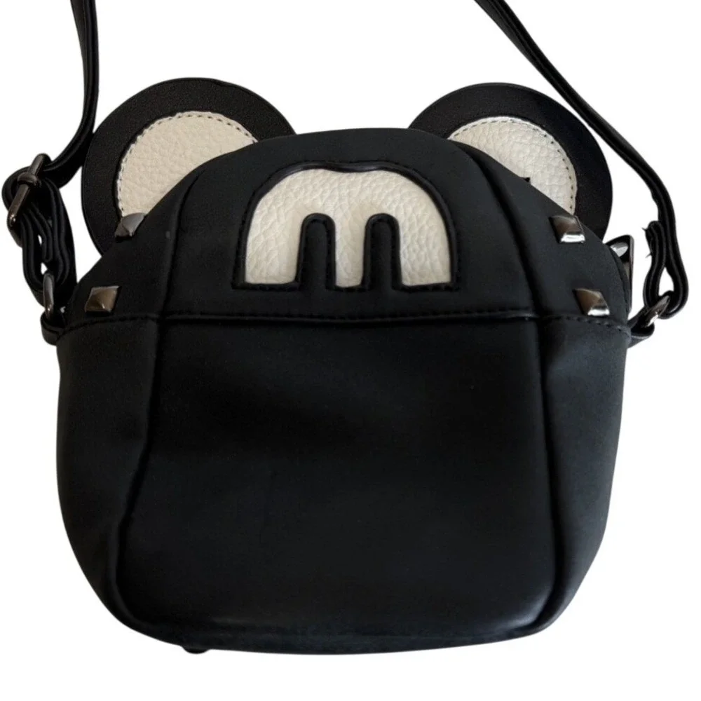 Black‎ Mouse Ear Studded Crossbody Bag Faux Leather Small Shoulder Purse